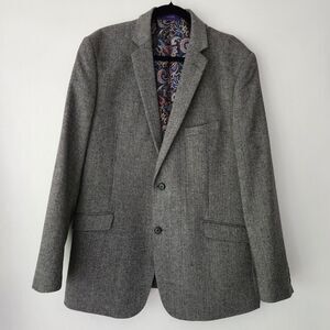 Alan Flusser wool polyester blend 2 button blazer‎ herringbone paisley lining L